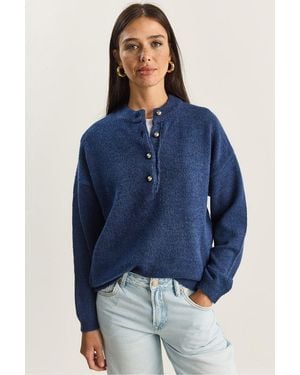 Bianco Lucci Button Collar Knit Jumper - Blue