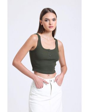 Hiccup Square Neck Ribbed Buttoned Tank Top - Multicolour
