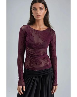 Busem Aangesloten Lange Mouwen Flockprint Tulle Blouse - Paars