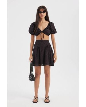 Hiccup Sweetheart Puff Sleeve Crop Top & Embroidered Mini Skirt Coord - Black