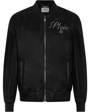 Philipp Plein Perforated Leather Nylon Bomber - Zwart