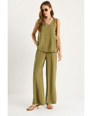 Bianco Lucci V-Neck Cotton Blouse-Pants Two-Piece Set - Multicolour