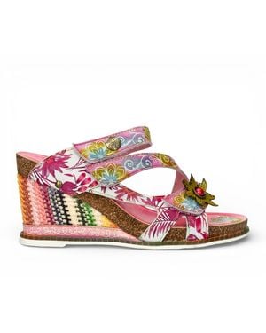 Laura Vita Balade 32 Rose Floral Leather Wedge Espadrille Sandals - Pink