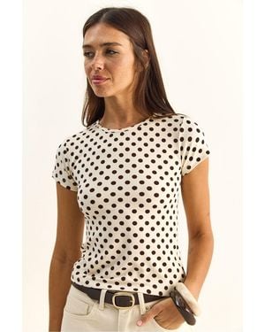 Bianco Lucci Polka Dot Crew Neck Crop T-Shirt - Natural