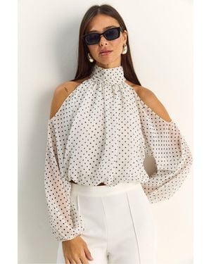 Bianco Lucci Effen Chiffon Colblouse Met Uitsnijding - Naturel