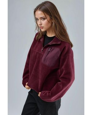 Busem Zipper Collar Plush Knit Sweatshirt With Pocket - Red