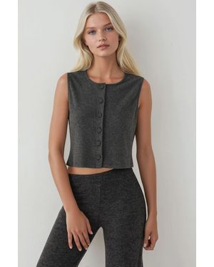 Hiccup Textured Crew Neck Sleeveless Waistcoat With Button Detail - Blue
