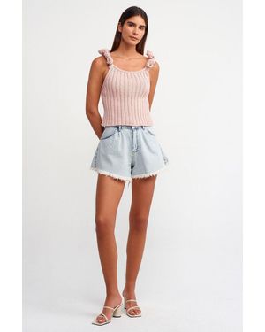 Hiccup Scoop Neck Knitted Ribbed Sleeveless Top With A Flower Decor - White