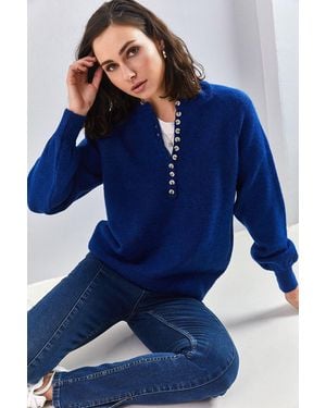 Bianco Lucci Button Collar Relaxed Fit Knit Jumper - Blue