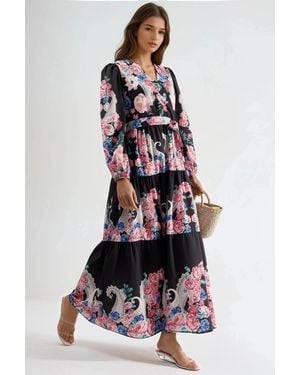 Msn-Collection Floral V-Neck Maxi Dress With Tie Detail - White