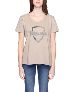 Blauer T-Shirt Met Pailletten Detail En Ronde Hals - Bruin