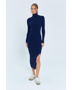MixRay Turtleneck Midi Knit Dress With Slit - Blue