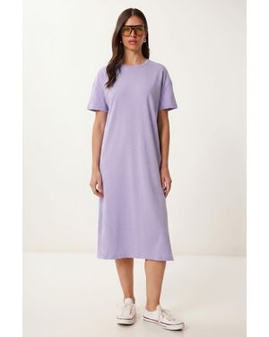 Happiness İstanbul Cotton Crew Neck Midi T-Shirt Dress - Purple