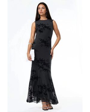 Hiccup Floral Flocked Print Tulle Maxi Dress - Black
