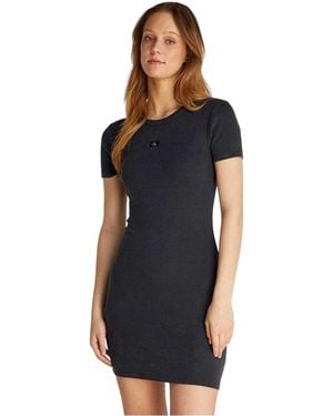 Calvin Klein Geribbelde Skinny Mini-Jurk Met Logo (Gewassen) - Zwart