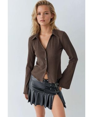 Hiccup Long Sleeve Textured Blouse With Button Closure - Black