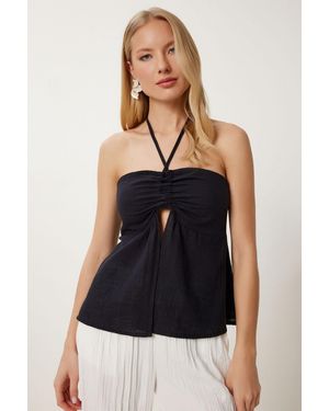 Happiness İstanbul Cotton Off-Shoulder Halter Blouse - Black