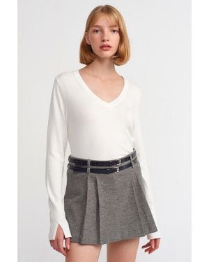Dilvin V-Neck Knit Jumper With Side Slit - Grey