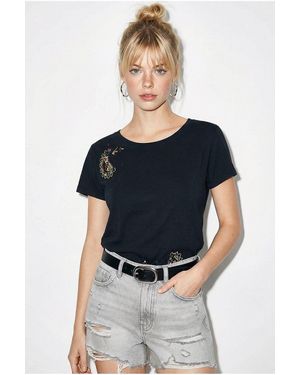 Bianco Lucci Embroidered U Collar Basic T-Shirt - Blue
