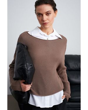 Dilvin Ribbed Boat Neck Knit Jumper - Grey