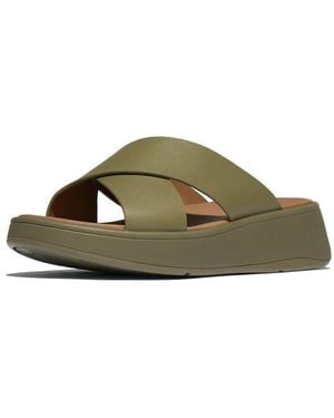 Fitflop F-Mode Leather Flatform Cross Slides - Groen