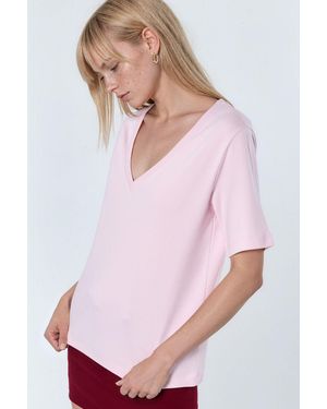 Busem V-Hals Effen Regular Fit Katoenen T-Shirt - Roze