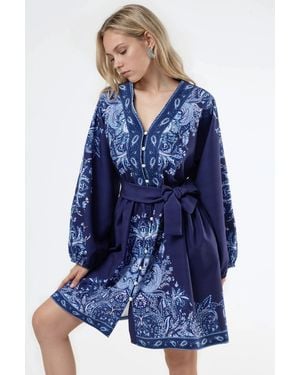 Msn-Collection Belted Mini Dress With V-Neck - Blue