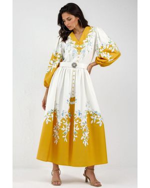 Msn-Collection Floral Maxi Dress With V-Neck And Button Detail - Yellow