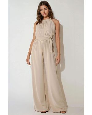 Hiccup Brede Been Halter Nek Jumpsuit - Naturel