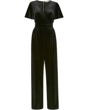 Yumi' Jumpsuit Voor Met Overslag, Van Fluweel, V-Hals En Engelenmouwen - Zwart