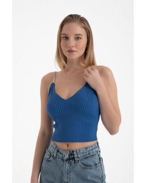 Hiccup Scoop Neck Diamente Strap Blouse - Blue