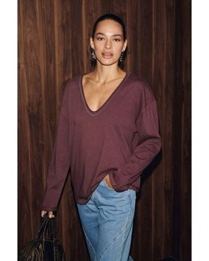Grimelange Oversized V-Neck Long Sleeve Blouse - Purple
