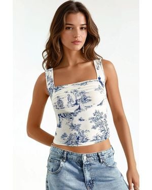 Hiccup Patterned Square Neck Sandy Crop Top - White