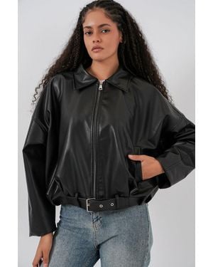 Bigdart Oversized Faux Leather Belted Jacket - Black