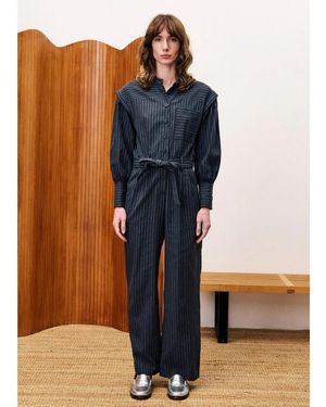 FRNCH Vigan Jumpsuit Gestreept Schouderdetails En Strikceintuur - Blauw