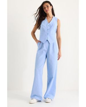 Bianco Lucci V-Neck Vest And Wide Leg Trousers Two-Piece Coord Set - Blue