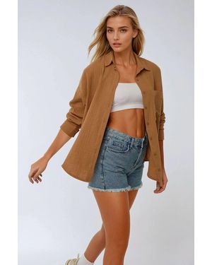Hiccup Oversized Cotton Shirt With Pocket Detail - Brown