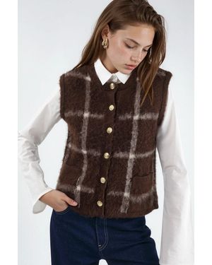Hiccup Plaid Crew Neck Jumper Vest With Buttons - Brown