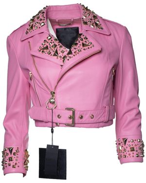 Philipp Plein Disney Cropped Leren Biker - Roze