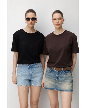 MixRay Oversized Geribbelde Crew Neck Twee-In-Een T-Shirt Set - Zwart