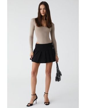 Grimelange High Waist Pleated Skater Mini Skirt - Black