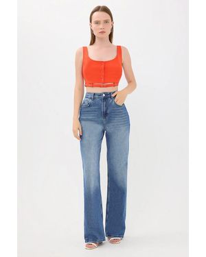 Hiccup Square Neck Buttoned Cami Tank Top With Belt Detail - Blue