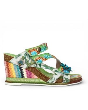 Laura Vita Balade 32 Vert Floral Leather Wedge Espadrille Sandals - Green