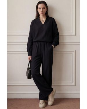 My Fashion V-Neck Blouse & Wide Leg Trousers Muslin Two-Piece Set - Black