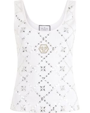 Philipp Plein Tank Top Rhomb Flower Strass - Wit