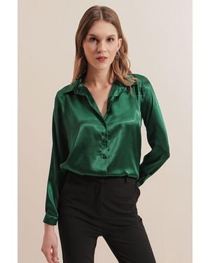 Bigdart Satin Long Sleeve Button Up Shirt - Green