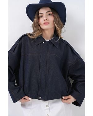 Bigdart Oversized Crop Jacket With Zipper And Pocket - Blue