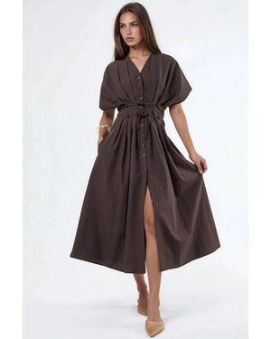 Busem Casual V-Neck Midi Shirt Dress - Brown