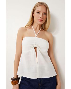 Happiness İstanbul Cotton Off-Shoulder Halter Blouse - White