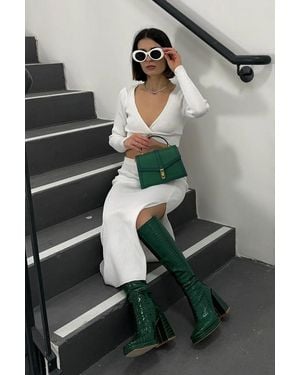 Hiccup 2 Pieces: V Neck Long Sleeve Crop Top & High Waist Slit Maxi Skirt - Multicolour